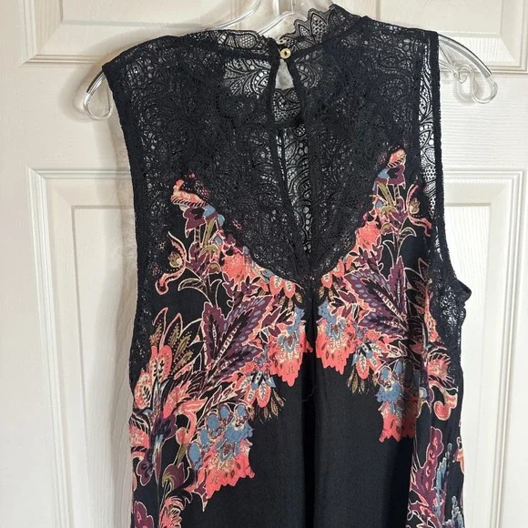 Free People Marsha Print Slip Dress Black High Neck Mini Lace And Keyhole Back L - Picture 6 of 16